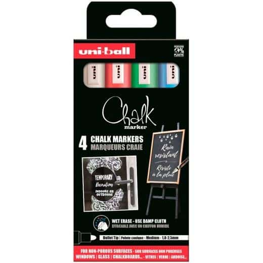 UNIBALL MARCADOR DE TIZA LÍQUIDA CHALK PWE-5M COLORES BÁSICOS ESTUCHE 4 UD