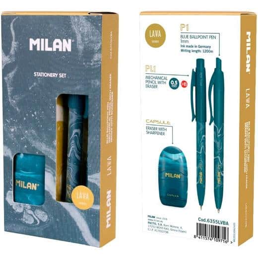 MILAN CAJA REGALO SERIE LAVA CON BOLÍGRAFO P1, PORTAMINAS PL1 0.5 Y AFILABORRA CAPSULE AZUL