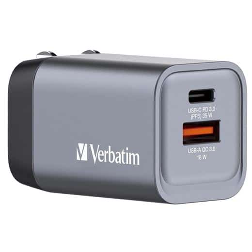 VERBATIM GNC-35 CARGADOR PARED GAN 35W USB-A 3.0 Y USB-C 3.0
