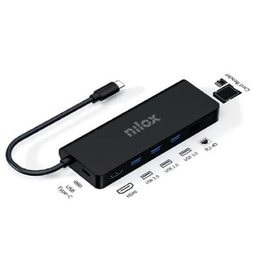 NILOX DOCK STATION USB-C 8 EN 1 3XUSB 3.0, 2XHDMI, SD, RJ45, PD, NEGRO